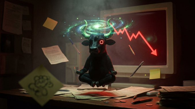 A black bull with glowing green horns and a red eye meditates in lotus position on a desk surrounded by floating papers, with a computer monitor behind it displaying a red downward-trending chart.