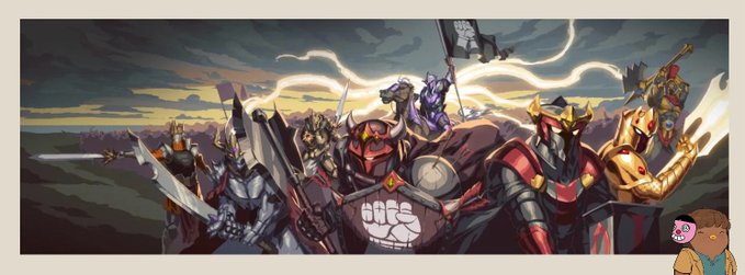 An illustration of an army of armored samurai warriors with weapons and banners, featuring a fist symbol and a small cartoon character in the corner.