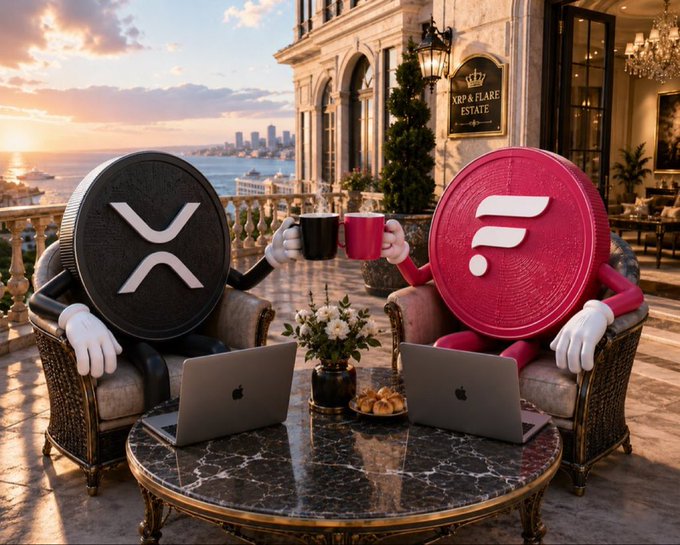 An AI-generated image showing XRP and a generic red cryptocurrency mascot sitting in luxury chairs, clinking coffee mugs over laptops on a marble table.
