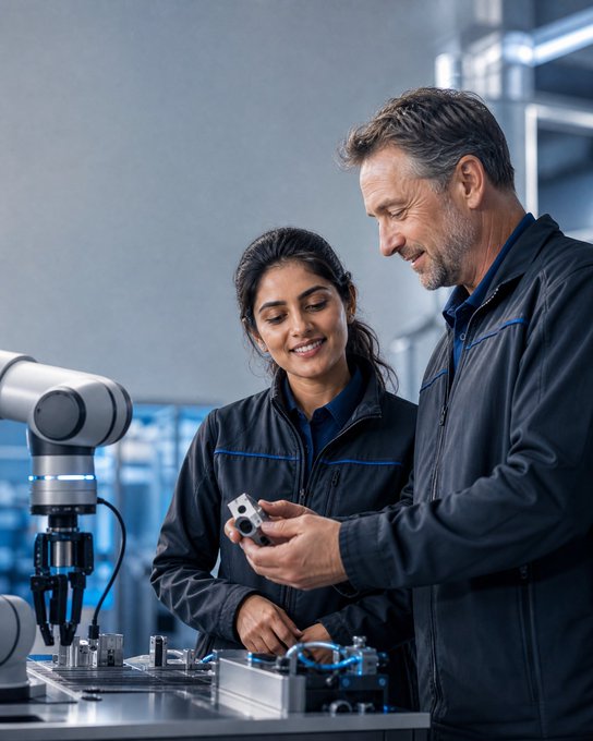Two engineers in a high-tech industrial setting examining a small metal component, with a robotic arm visible in the background.
