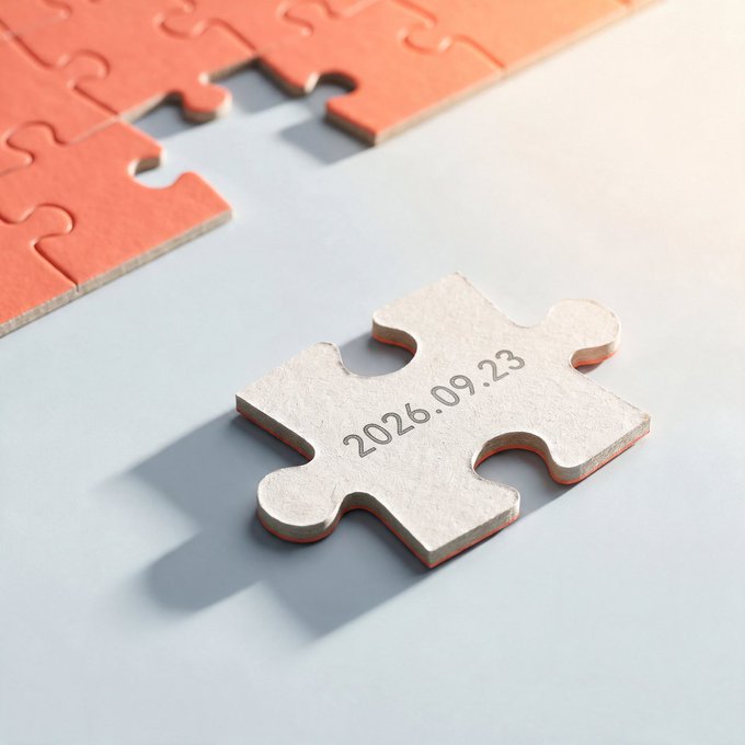 A single puzzle piece with the date '2026.09.23' sits beside a partially assembled orange puzzle on a white surface.