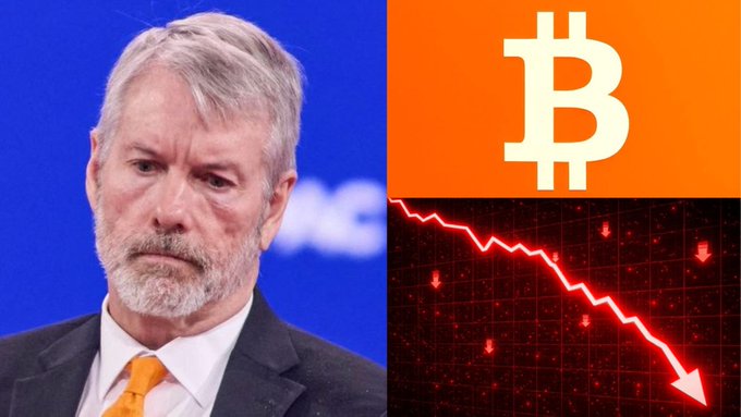 A news-style image showing Michael Saylor on the left next to a Bitcoin logo and a red downward-trending chart, suggesting a Bitcoin price decline.
