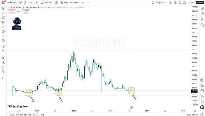 Trading chart of SUI/USDT on SWUOT showing price action from 2024 to 2028 with annotations by @SUINTERN.
