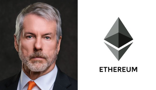 The image features a man wearing a suit with an orange tie against a black background. The main focus of the image is a logo for Ethereum, which is positioned above the man's head. Below the man, there is a caption that reads "Woke up and checked right away, saw some shocking news Not the latest updates about @quipnetwork But rather comments from Saylor He said faith in ethereum:native has collapsed, sui:native collapsed after being hyped as the next Solana, and the rest of the crypto market is". The man's suit and tie are placed above the Ethereum logo.