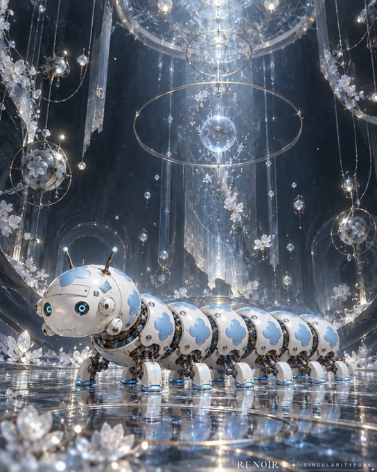 An AI-generated artwork by Renoir / Singularity Punk showing a cute, segmented white and blue caterpillar-like robot in an ornate crystalline fantasy hall with hanging crystal chandeliers and glowing floral decorations.