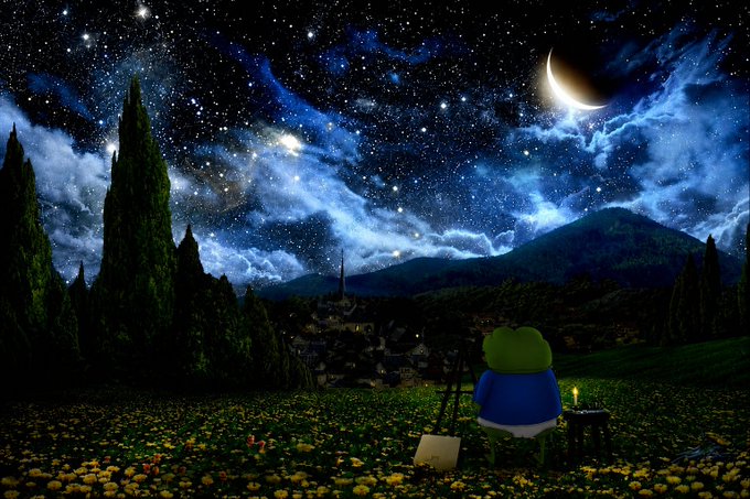 An artistic digital illustration showing a frog character in a blue jacket sitting on a stool in a meadow of yellow flowers, gazing at a stunning starry night sky with a crescent moon over mountains and a distant town.