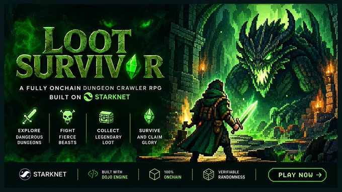 A promotional banner for 'Loot Survivor', a fully onchain dungeon crawler RPG built on Starknet, featuring a knight facing a dragon.