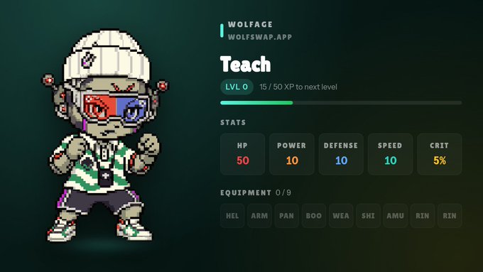A pixel-art character profile for 'WOLFACE' from wolfswap.app named 'Teach' at LVL 0 with 15/50 XP, displaying stats HP 50, Power 10, Defense 10, Speed 10, Crit 5%, and empty equipment slots.