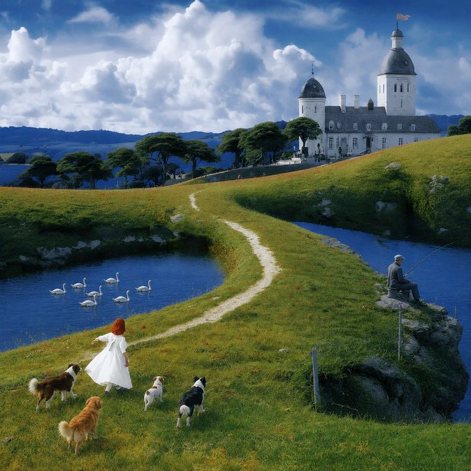 A red-haired girl in a white dress walks with three dogs along a grassy path beside a lake with swans, while a man fishes near a large white castle on a hill in the background.