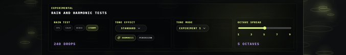 A dark software interface panel titled 'EXPERIMENTAL BATH AND HARMONIC TESTS' with controls for 'MAIN TEST', 'TONE EFFECT', 'TONE MODE', and 'OCTAVE SPREAD'.