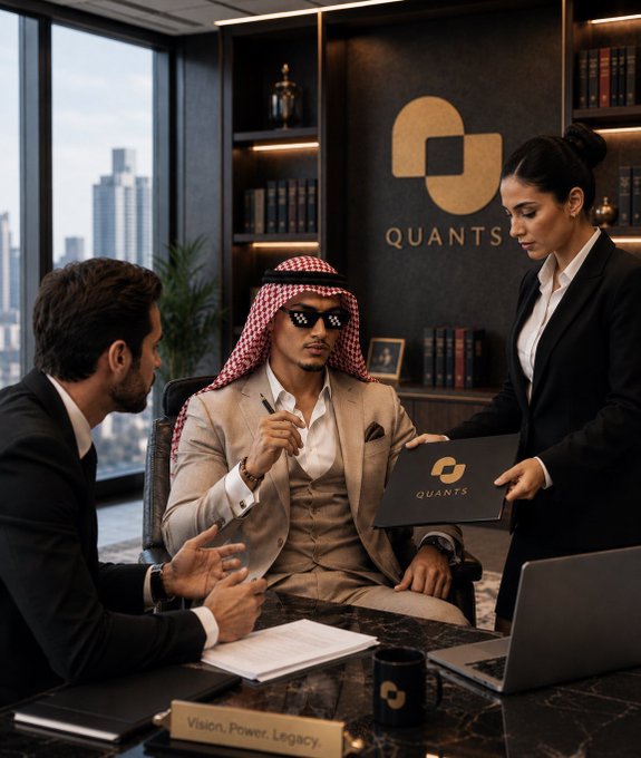 A Gulf-dressed investor and his team meet in a sleek "QUANTS" office to discuss strategy, while a standing analyst hands over a folder bearing the QUANTS logo. The scene captures the post's vision—replacing manual research and chart analysis with a guided, conversational approach to markets like SOL.