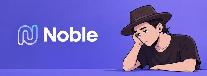 A purple banner displays the 'Noble' logo next to a cartoon illustration of a young man in a fedora resting his head on his hand.