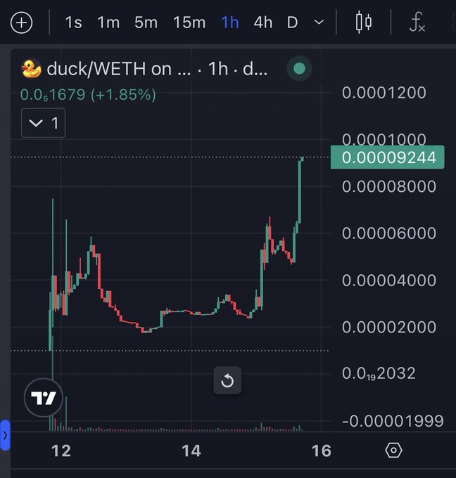 A TradingView chart displays the duck/WETH trading pair on a 1-hour timeframe, showing a current price of 0.00009244 WETH (+1.85%), with significant price movement between values ranging from 0.00002000 to 0.00010000 over the visible 12-16 hour period. The image appears to showcase the duck token's performance, likely promoted by the accompanying wallet address 0x07B8DA191756A5DE7a39F3BA0453cce59e6d2B04, possibly indicating ownership or promotion of this cryptocurrency project.