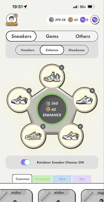 A mobile app screenshot showing a sneaker enhancement interface with 'Sneakers', 'Gems', and 'Others' tabs, displaying a hexagonal arrangement of shoes around a '360 ENHANCE' button and a 'Rainbow Sneaker Chance: ON' toggle.