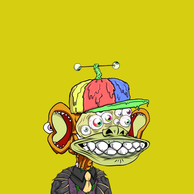 A cartoon illustration of a grotesque, multi-eyed green creature wearing a colorful baseball cap with antennae, a wide toothy grin, and a dark suit, set against a solid yellow background.