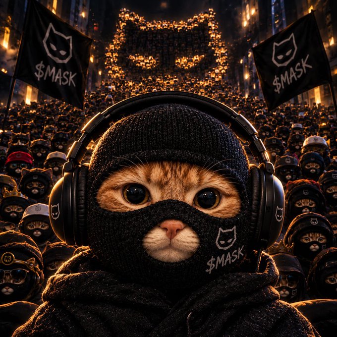 A digital artwork of a cat wearing a beanie, headphones, and a balaclava with a cat logo, set against a crowd and flags displaying '$MASK'.
