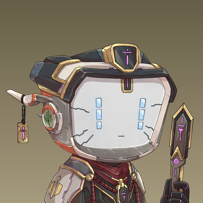 An illustration of a small robot-like character with a rectangular monitor face showing digital eyes, wearing armor with purple accents, a tag hanging from its ear, and holding a sword.