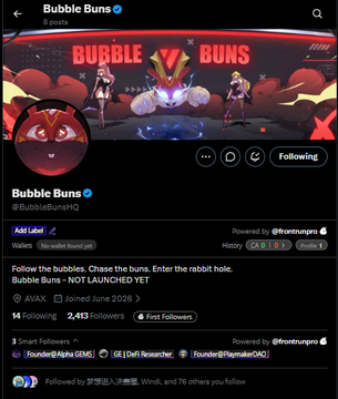 The image shows the X (formerly Twitter) profile page for "Bubble Buns" (@BubbleBunsHQ), featuring a banner with anime-style characters and "BUBBLE BUNS" branding, along with 2,413 followers and a bio reading "Follow the bubbles. Chase the buns. Enter the rabbit hole. Bubble Buns - NOT LAUNCHED YET," which aligns with the post promoting the project's upcoming launch on the Avalanche network.