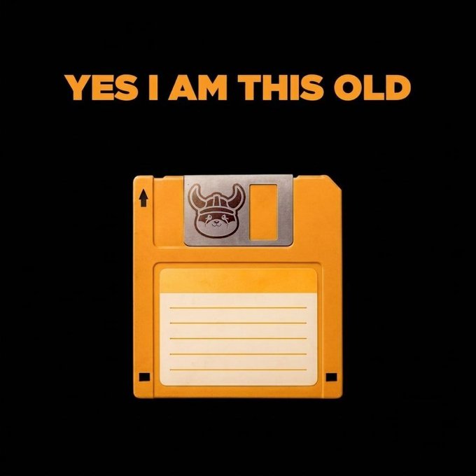 An image featuring a yellow 3.5-inch floppy disk with a Viking logo on a black background, with bold orange text reading 'YES I AM THIS OLD'.