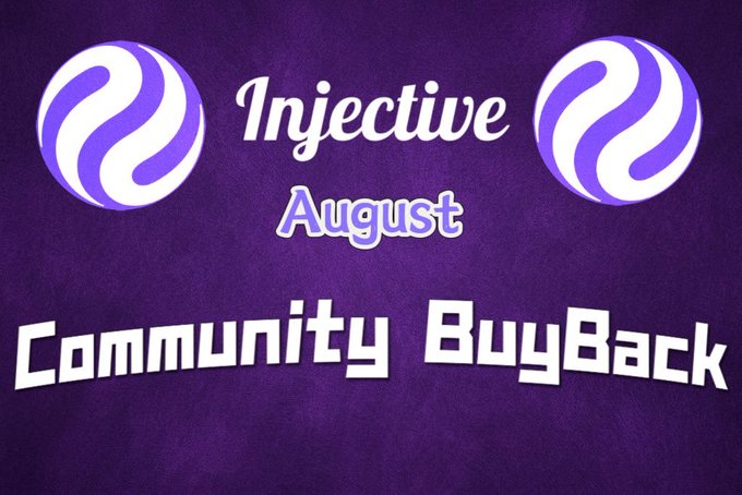 The image is a promotional graphic with a purple background featuring two white and purple Injective logos flanking the text "Injective August Community BuyBack." It highlights Injective's August token buyback event, which, as the post explains, will remove over 33,000 $INJ from circulation by rewarding the community that helps secure the network rather than executing a traditional burn.