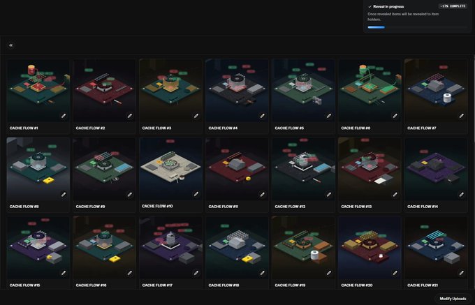 A grid of isometric 3D floor designs labeled 'CACHE FLOOR #1' through 'CACHE FLOOR #21' displayed in a software interface, with a 'Reveal in progress' progress bar showing 18% complete and 'Mintify Uploads' branding.