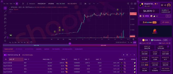 A cryptocurrency trading dashboard (likely DEXTools) showing the SPAUSD/DEX chart with the token at $0.2570, a price chart with notable volatility, and a trade history table listing recent BNB/USDT transactions.