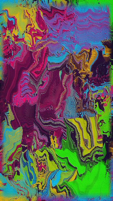 An abstract digital artwork with swirling, marbled patterns in vibrant colors including pink, green, yellow, and blue.