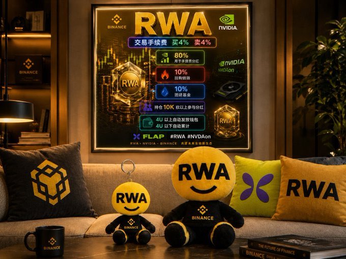 A living room scene features Binance and RWA-branded merchandise—including plush toys, pillows, and a mug—arranged on a couch beneath a promotional poster highlighting "RWA" with 80% something, 10% perks, and a 10% holding dividend, along with tags for #RWA, #Flap, #NVDAon, Binance, and NVIDIA. The image visually reinforces the post's message about steady, incremental progress ("日拱一卒") in accumulating RWA and related crypto holdings.