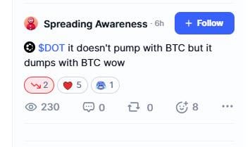A social media post by 'Spreading Awareness' commenting '$DOT it doesn't pump with BTC but it dumps with BTC wow', with 230 views and 8 reposts.