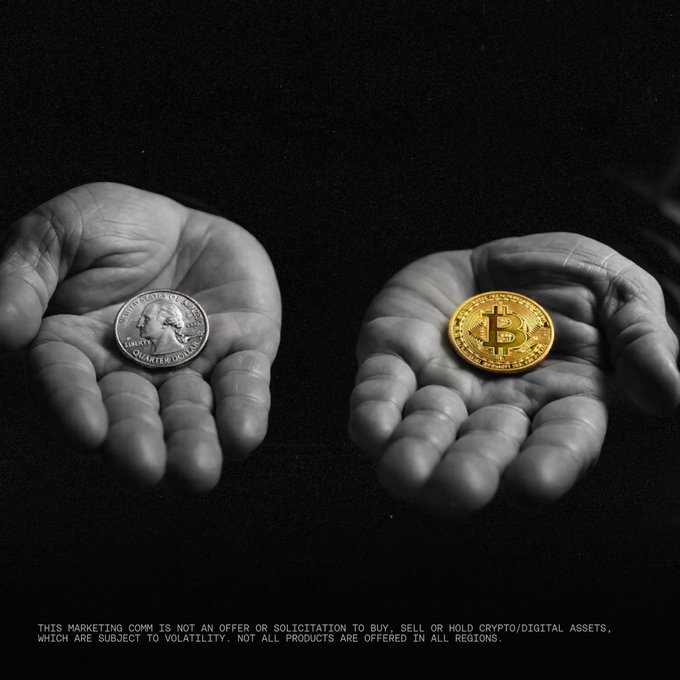 Two hands are shown side by side against a black background—one holding a silver U.S. quarter and the other holding a gold Bitcoin coin—visually contrasting traditional fiat currency with cryptocurrency, which aligns with the post's message urging viewers to choose between the old financial system and OKX's crypto-driven "New Money Era." A disclaimer at the bottom reads: "THIS MARKETING COMM IS NOT AN OFFER OR SOLICITATION TO BUY, SELL OR HOLD CRYPTO/DIGITAL ASSETS, WHICH ARE SUBJECT TO VOLATILITY. NOT ALL PRODUCTS ARE OFFERED IN ALL REGIONS."
