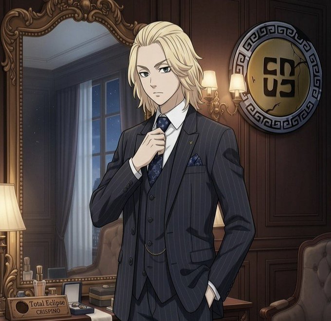 An anime-style illustration of a blonde man in a dark pinstripe three-piece suit adjusting his tie, standing in an ornate room with a vanity labeled 'Total Eclipse CRISPINO' and a circular emblem with a symbol on the wall.