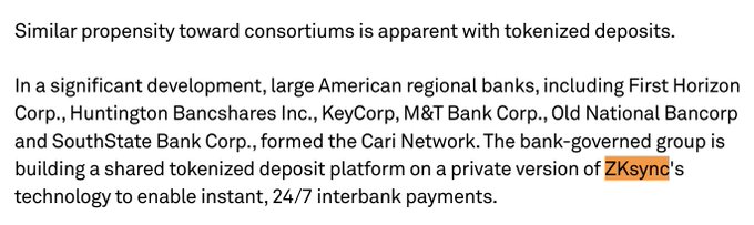 "so S&P global market intelligence just casually mentioned @zksync in their latest report do what you want with this info". This implies that S&P Global Market Intelligence has made a reference to an information source in the image, which may be related to the post about cryptocurrencies or the market. The image does not provide enough context for us to understand how it directly relates to the content of the post.