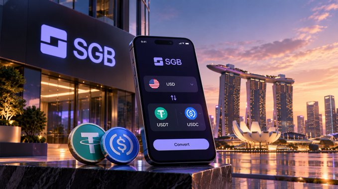 A smartphone displays the 'SGB' crypto app for converting USD to USDT and USDC, set against a twilight view of the Singapore skyline featuring the Marina Bay Sands.