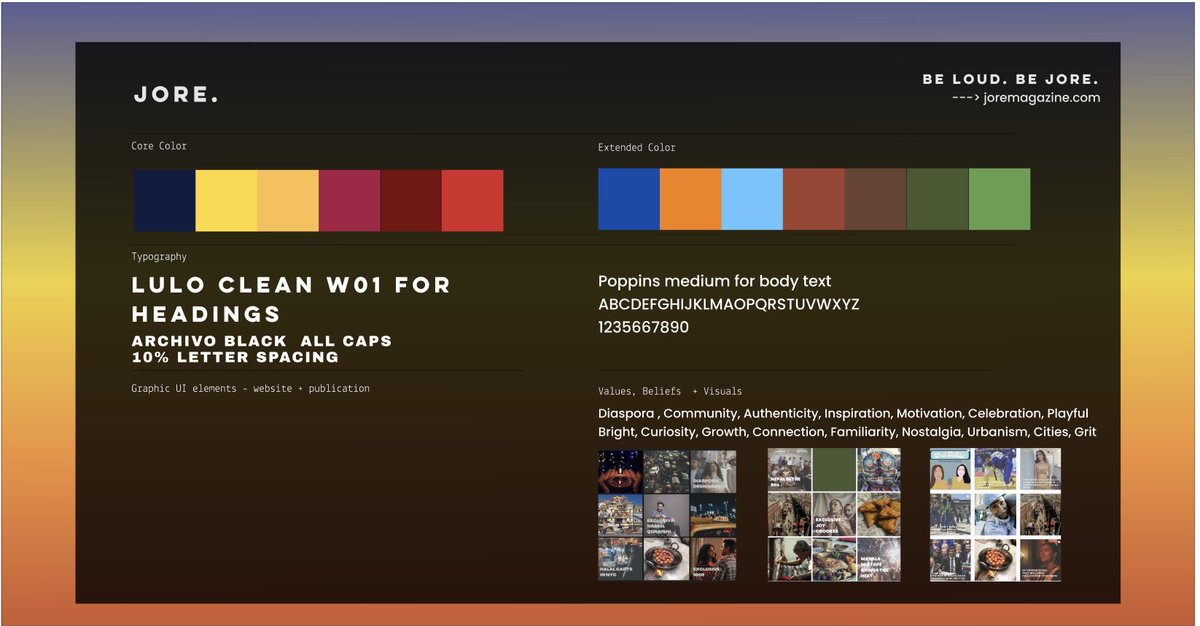 A brand style guide titled 'JORE.' with the tagline 'BE LOUD. BE JORE.' showing core and extended color palettes, typography (Lulo Clean W01 and Poppins), and brand values including Diaspora, Community, and Authenticity.