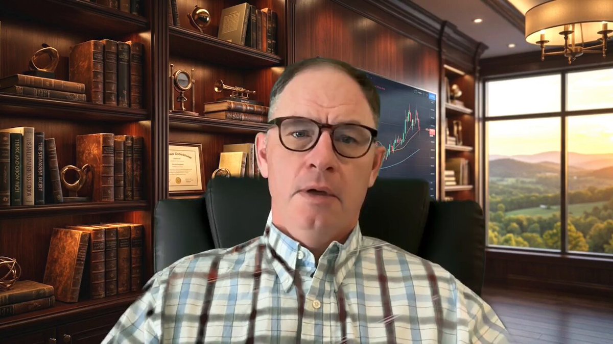 urn of gold coins sitting on a bookshelf with a window behind them, and a man wearing glasses seated at a desk looking directly at the camera.