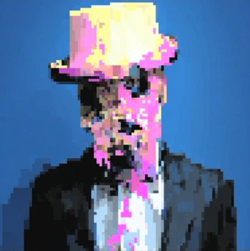 A heavily pixelated, distorted image of a figure wearing a top hat, rendered in bright yellow and pink glitch-art style against a solid blue background.