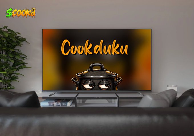 A TV screen displaying the text "Cookduku" above a cartoon pot, with a "Scooka" logo in the upper left corner.