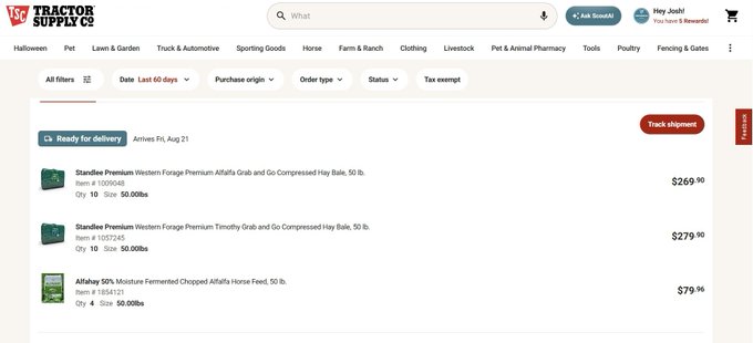 The Tractor Supply Co. website displays an order history showing three hay and feed purchases totaling $769.86, including Western Forage Premium Alfalfa Grab and Go Compressed Hay Bale 50 lb. ($269.90), Timothy Hay Bale 50 lb. ($279.90), and Alfalfa Horse Feed 50 lb. ($79.98).

The image relates to the caption because it shows the user prioritizing their horses' dietary needs (alfalfa and timothy hay) over following financial market movements like Bitcoin.