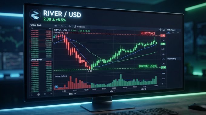 A computer monitor displays a trading chart for 'RIVER / USD' at 2.38 (+6.5%), showing candlesticks between a resistance line at 2.85 and a support zone around $1.00, with volume bars below.