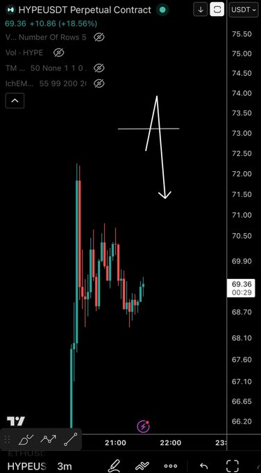 A TradingView chart of HYPE/USDT Perpetual Contract showing the price currently at $69.36 (+18.56%), with a hand-drawn white arrow and horizontal line near $73.50 illustrating the analyst's target level and expected price movement toward the $73 resistance if the $68 support holds.