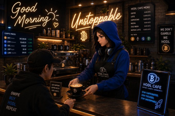 A digital illustration of a 'HODL CAFE' where an anime-style barista in a blue hoodie serves coffee to a customer, with neon signs reading 'Good Morning Unstoppable' and a crypto price menu showing BTC, ETH, SOL, XRP, and LINK.