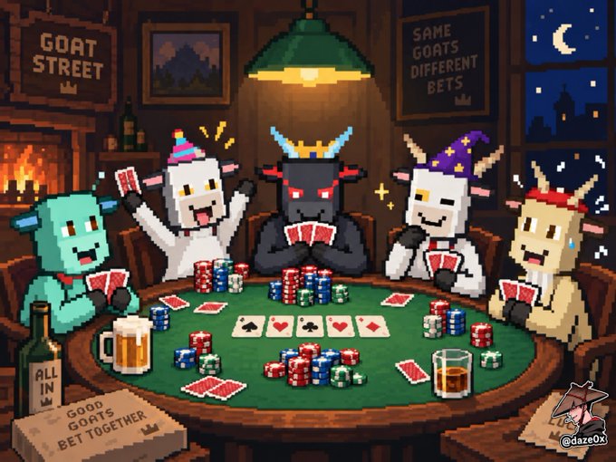 A pixel art illustration depicting five goats wearing party hats playing poker around a green table, with signs reading 'GOAT STREET,' 'SAME GOATS DIFFERENT BETS,' and 'GOOD GOATS BET TOGETHER,' signed by '@daze0x.'