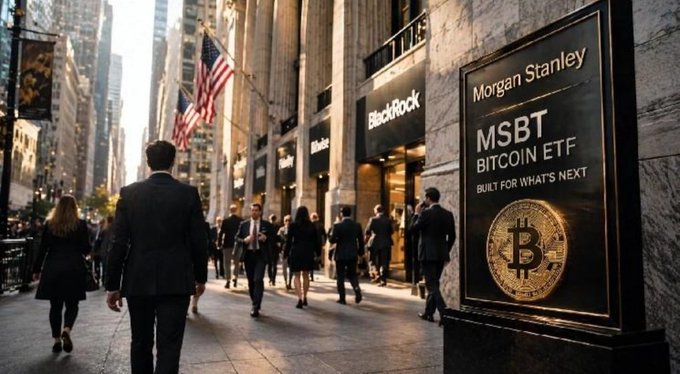 The image shows a bustling Wall Street scene with pedestrians walking past financial firm signs, prominently featuring a Morgan Stanley advertisement for "MSBT BITCOIN ETF - BUILT FOR WHAT'S NEXT" alongside a BlackRock sign. The visual reinforces the post's message of institutional Bitcoin ETF adoption, as the image ties the $3.5 billion August inflow directly to heavyweight firms like Morgan Stanley and BlackRock re-entering the crypto space.