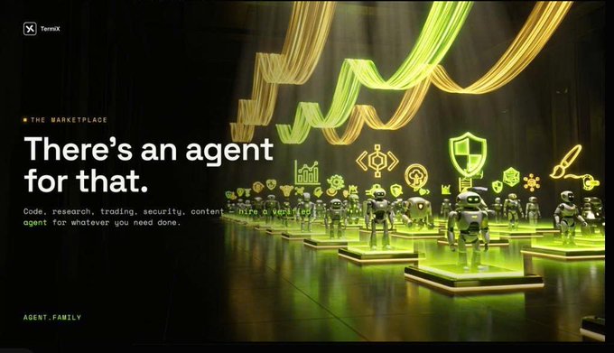 A promotional graphic for TemX with the tagline 'THE MARKETPLACE' and 'There's an agent for that,' describing services like code, research, trading, and security, alongside 'AGENT.FAMILY' branding and 3D robot figures.