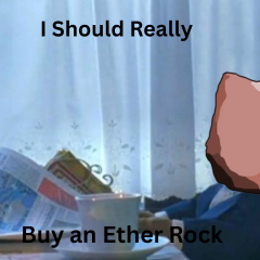 An anime meme from "I Should Really Buy an Ether Rock" featuring a character holding up a large stone in a forest setting.