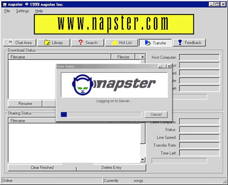 The image shows a computer screen displaying a screenshot of a Windows 2000 web browser window with a pop-up window for Napster. The window has a yellow background, black text, and a blue circle containing the Napster logo. The title bar indicates that this is a screenshot from a Windows 2000 web browser, possibly from Napster.com.