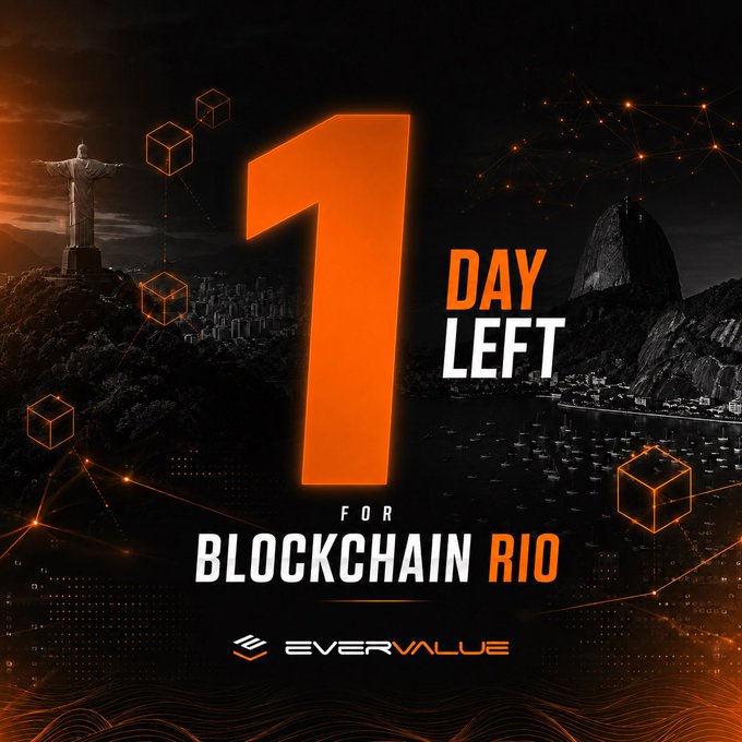 An orange and black promotional countdown graphic reading '1 DAY LEFT FOR BLOCKCHAIN RIO' by EverValue, featuring Rio de Janeiro landmarks including Christ the Redeemer and Sugarloaf Mountain.
