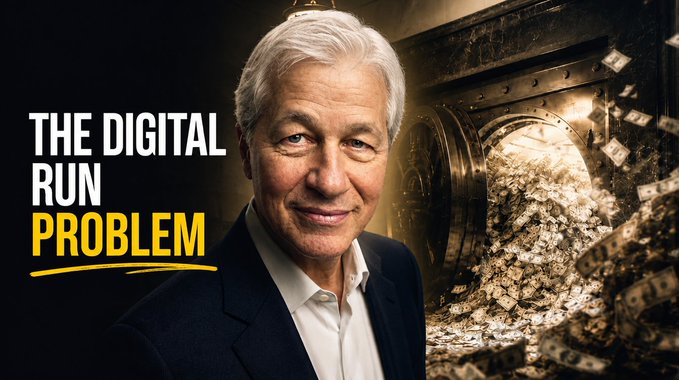 A thumbnail-style image featuring Jamie Dimon in front of an open vault full of money, with bold text reading 'THE DIGITAL RUN PROBLEM' in white and yellow.