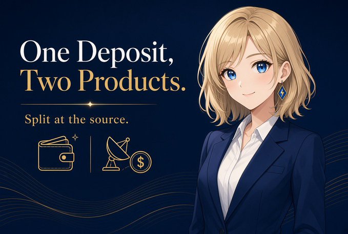 A financial advertisement banner featuring an anime-style blonde woman in a navy blazer, with the text 'One Deposit, Two Products. Split at the source.' alongside wallet and satellite dish icons.