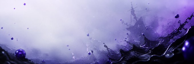 An artistic image of purple water splashes with droplets frozen in motion against a purple and white background.
